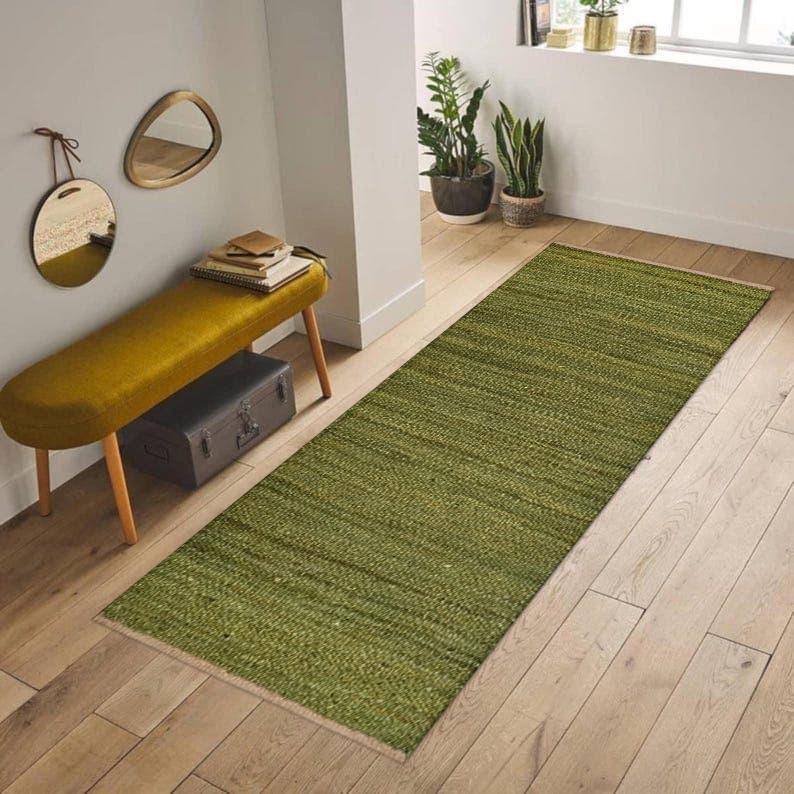 Green Natural Jute Runner Rug, Handwoven Jute Hallway Runner, Bohemian Jute Rug, Textured Jute Runner, Eco Friendly Rug, Natural Fiber Rug