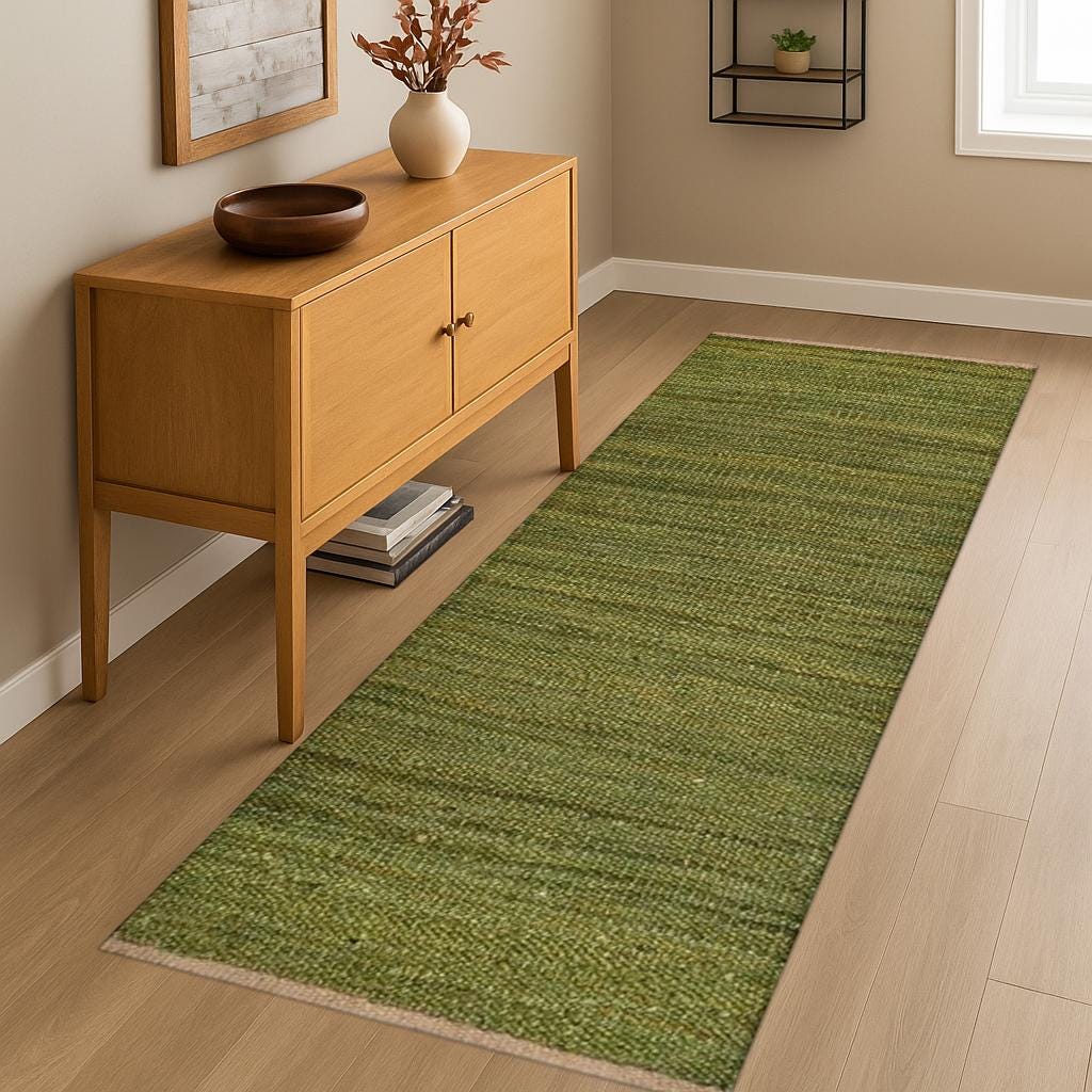 Green Natural Jute Runner Rug, Handwoven Jute Hallway Runner, Bohemian Jute Rug, Textured Jute Runner, Eco Friendly Rug, Natural Fiber Rug