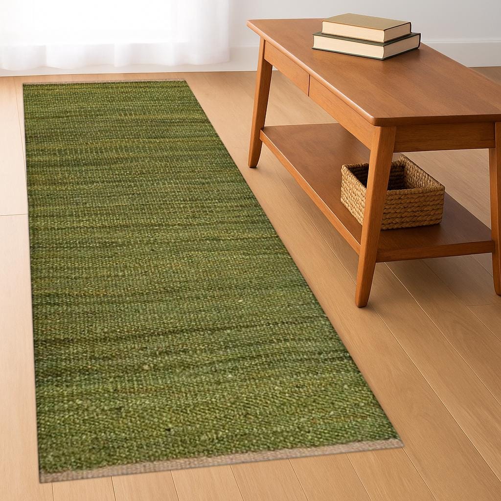 Green Natural Jute Runner Rug, Handwoven Jute Hallway Runner, Bohemian Jute Rug, Textured Jute Runner, Eco Friendly Rug, Natural Fiber Rug