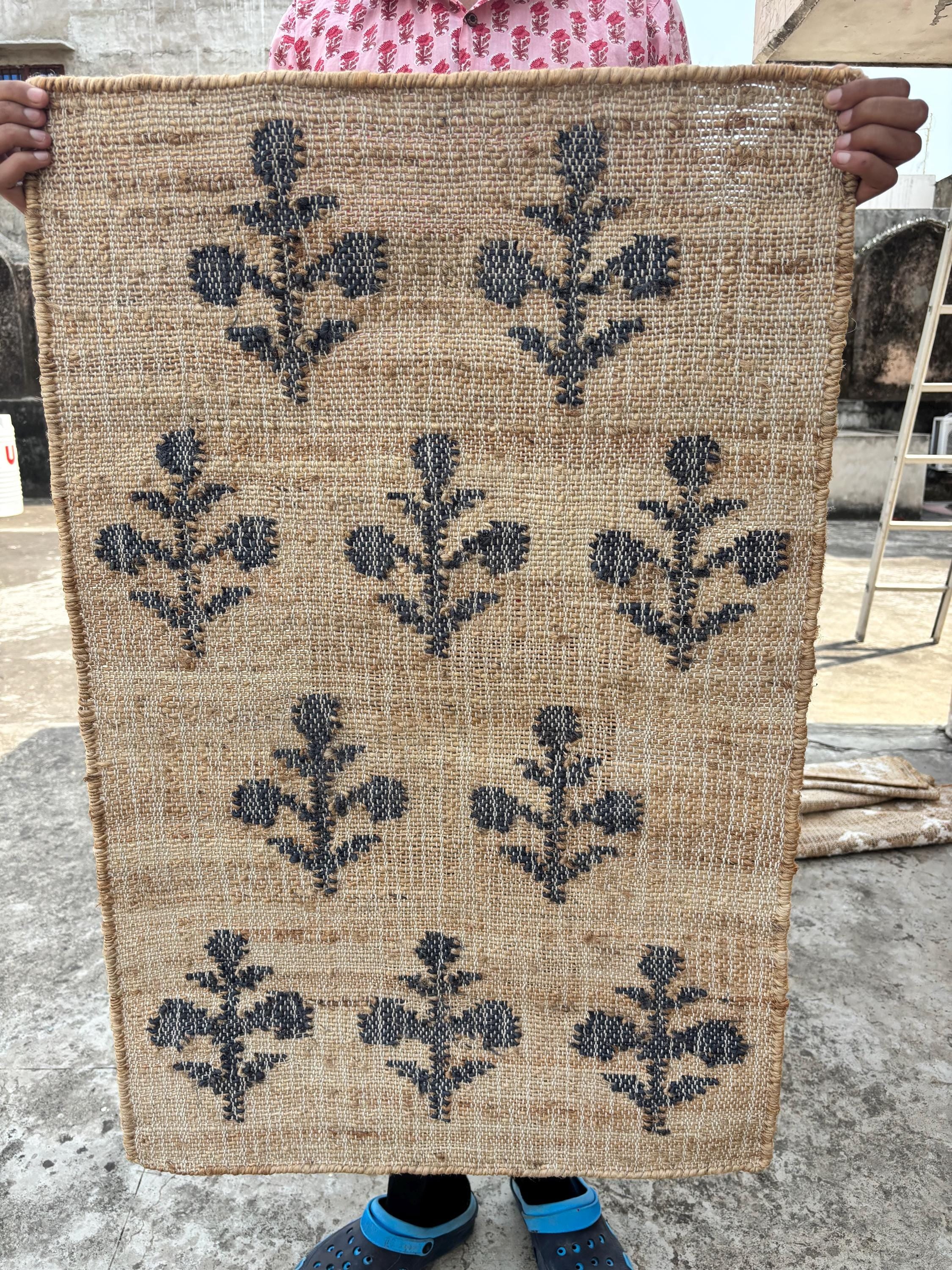 Beige Jute and Cotton Rug with white Flower Natural Jute Hand Woven Premium Quality , Jute and Cotton Rug Handmade Cotton Jute Rug