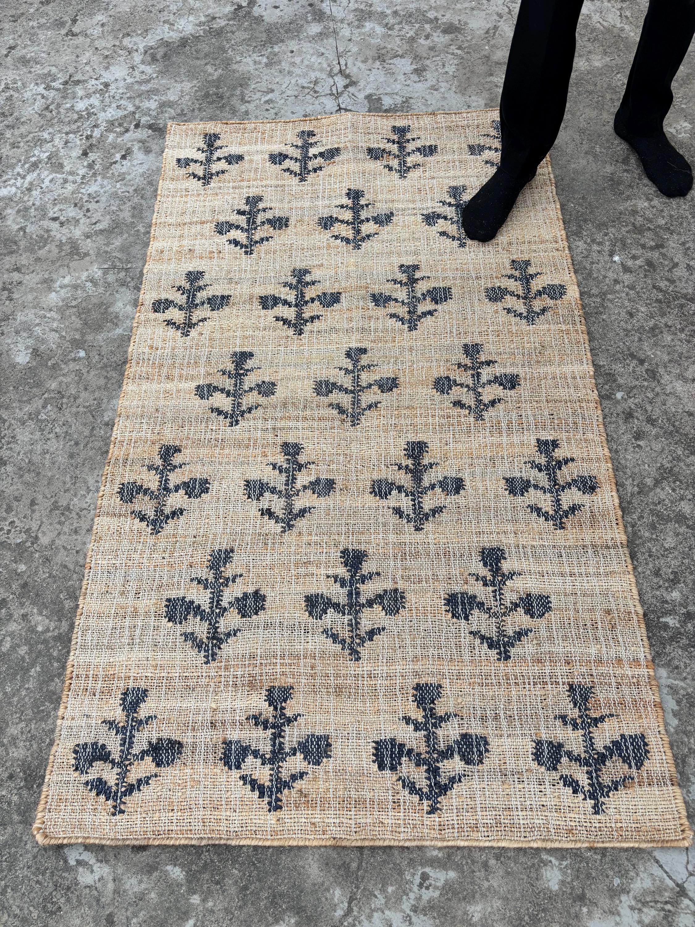 Jute Cotton Rug, Handmade Beige Rug Natural Jute  black Flower Cotton Hemp Rug, Eco-Friendly Handmade Rug
