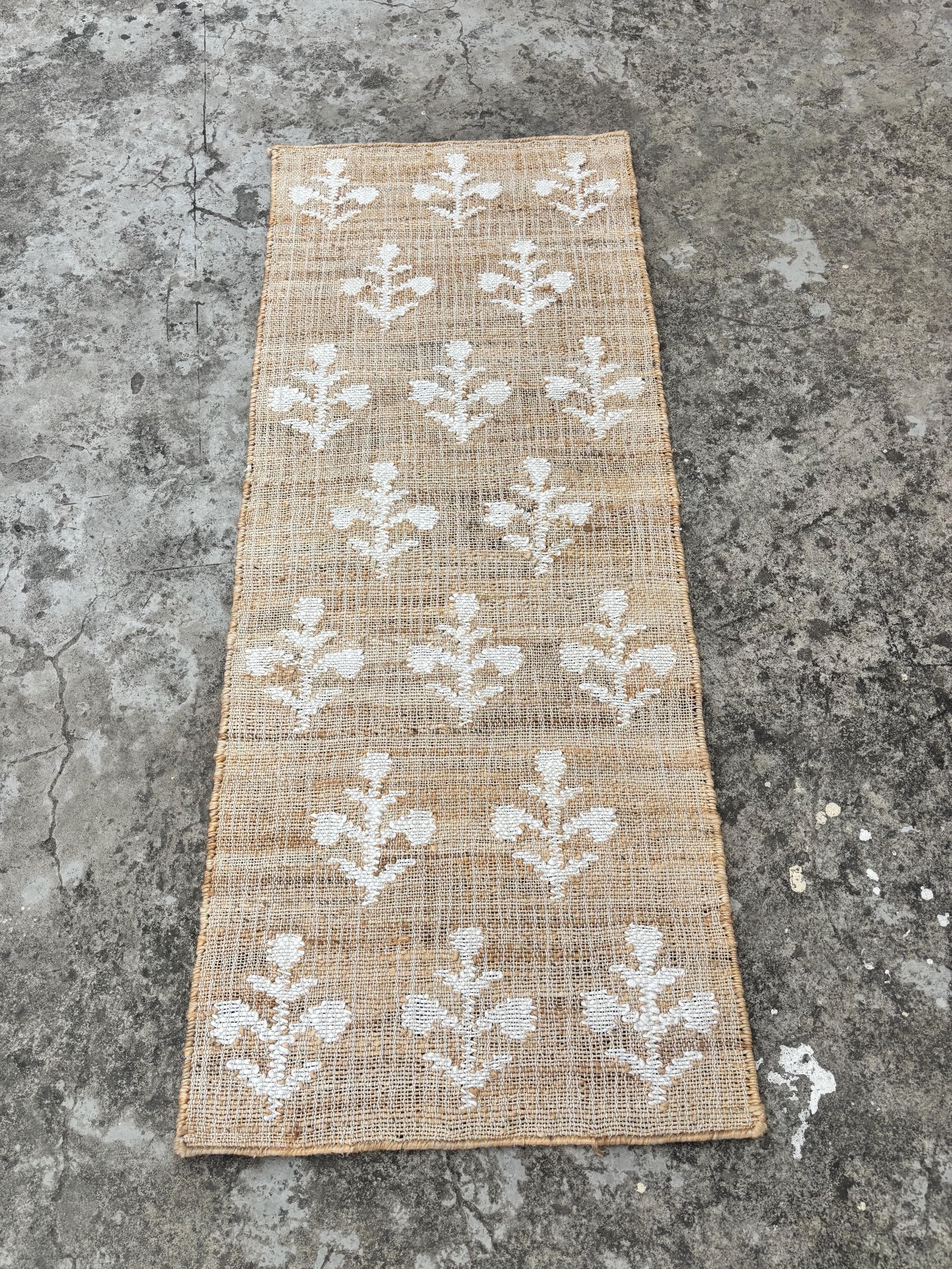 Cotton Jute Rug Beige Colour with Black flower pattern, High Quality Hand Woven Premium Quality Boho Style Cotton Jute Rugs