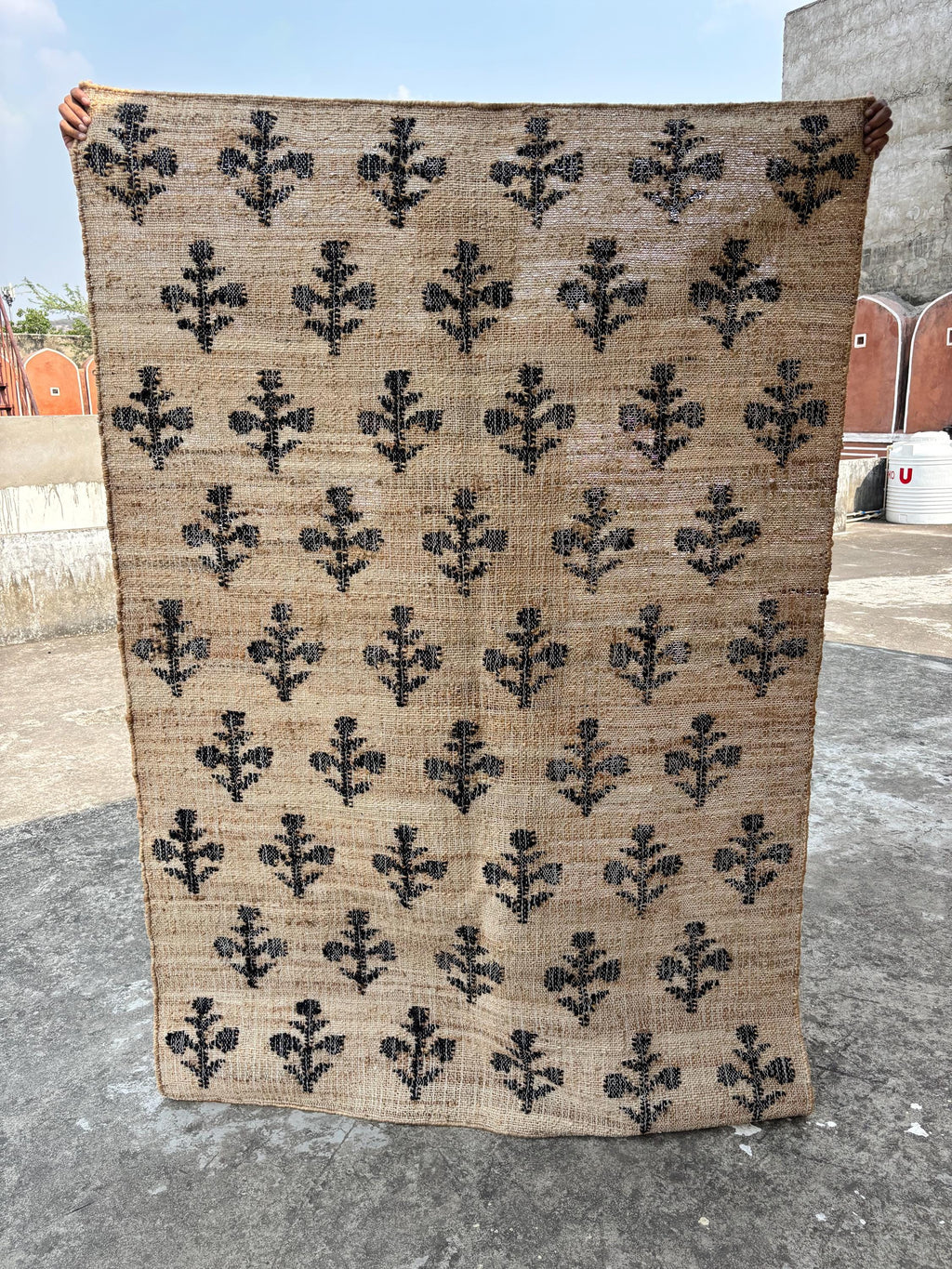 Natural Black flower cotton jute rug, Handmade Natural Jute Cotton Rug ,  Handmade Begie with black flower Jute Runner, Cotton Rug