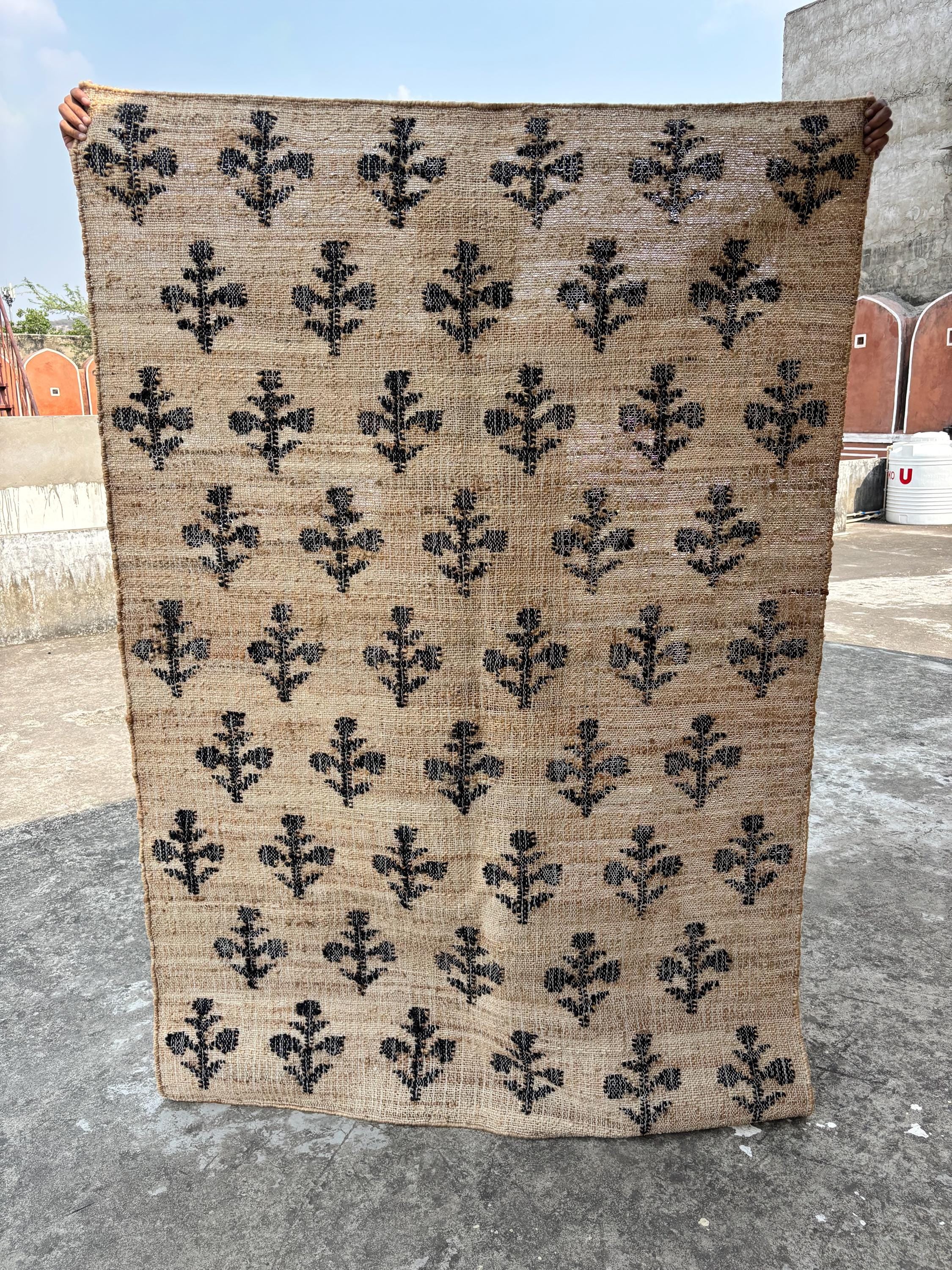 Natural Black flower cotton jute rug, Handmade Natural Jute Cotton Rug ,  Handmade Begie with black flower Jute Runner, Cotton Rug