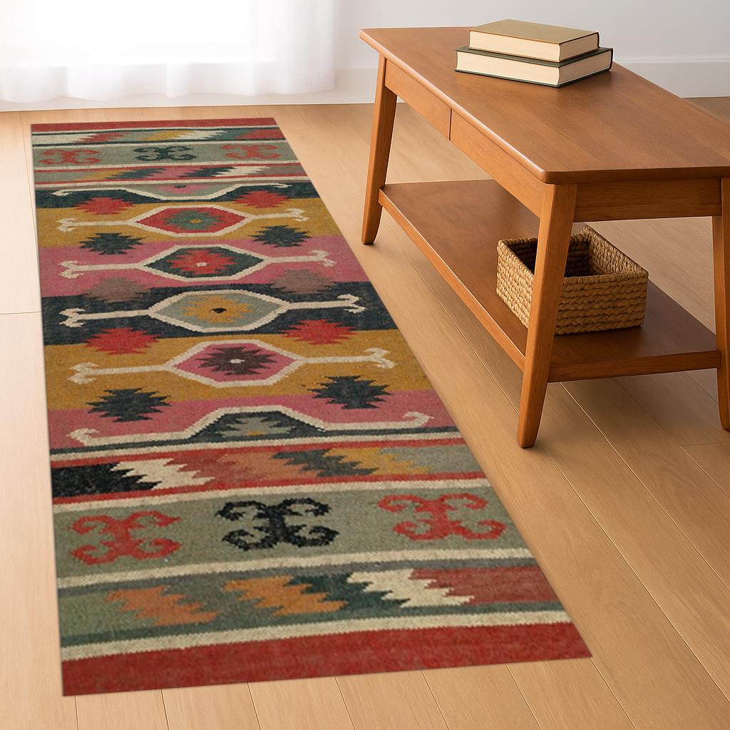 Traditional Indian jute Area rug, Handwoven, Wool and Jute Rug Handmade, Multicolor Jute Rug wool rug Dhurrie traditional , Custom Runner