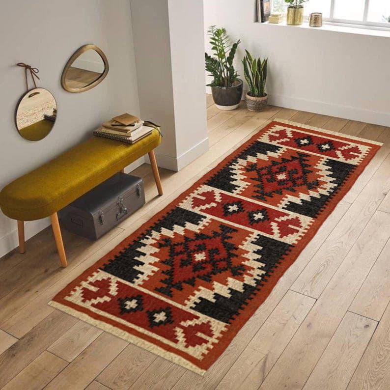 Handwoven Wool Jute Rug Handmade Dhurrie Rug, Motifs Oriental Traditional Indian Geometric Turkish Home decor, multicolor runner
