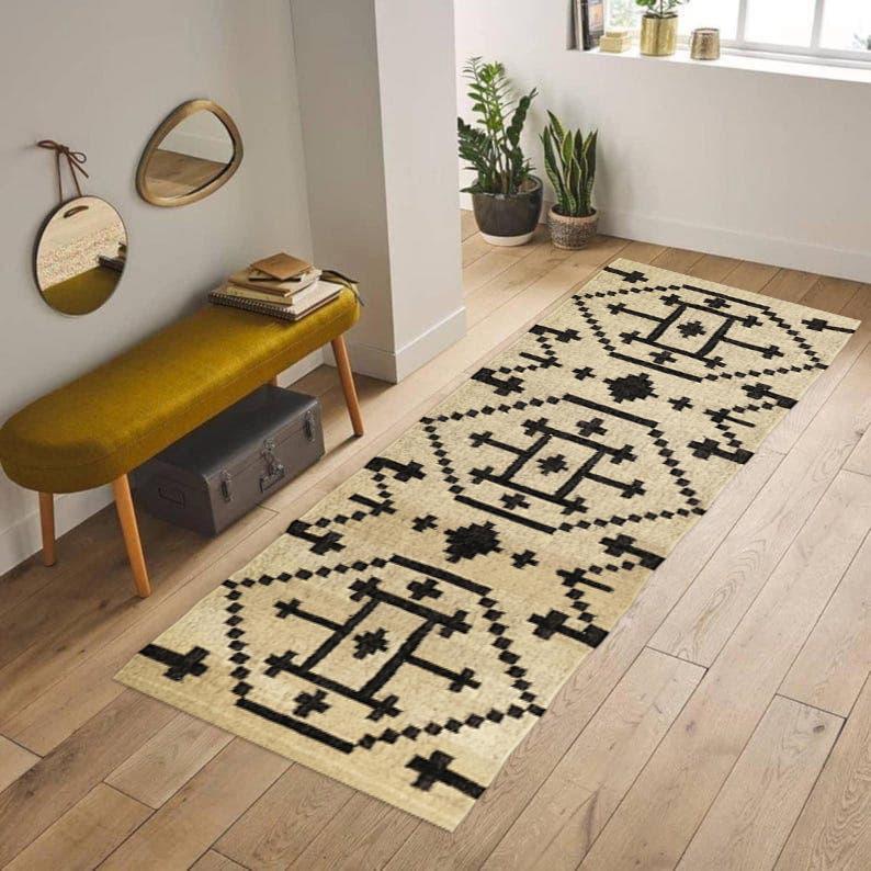 Handwoven Wool Jute Runner, Bohemian Eco Friendly Wool Jute Runner, Traditional Indian Jute Area rug, Vintage Stair Runner Rug