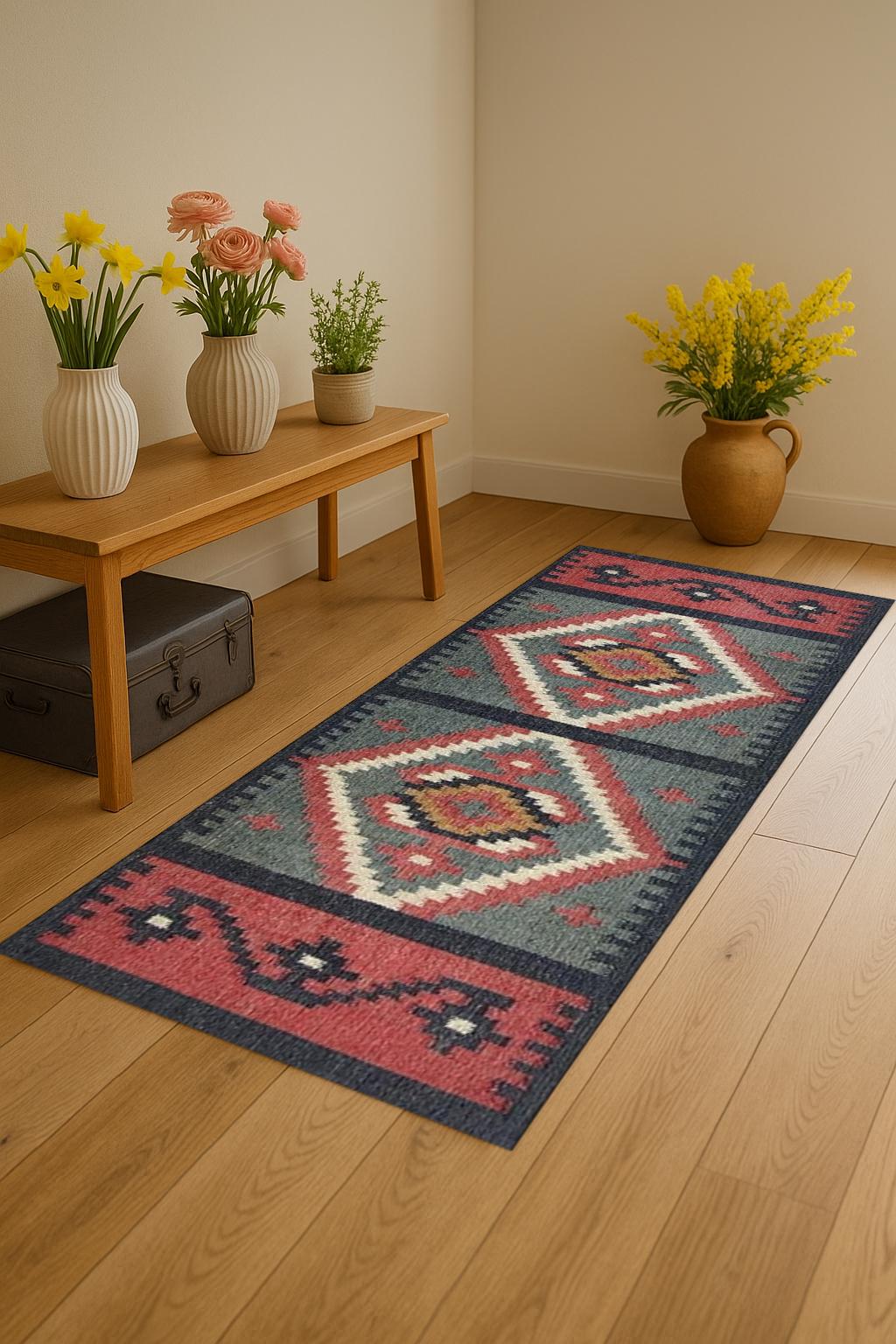 Traditional Hand Woven Indian Village Art Wool Jute Runner, Vintage Decor Kilim Wool Jute Rugs, Multicolor Turkish Anatolian Runner