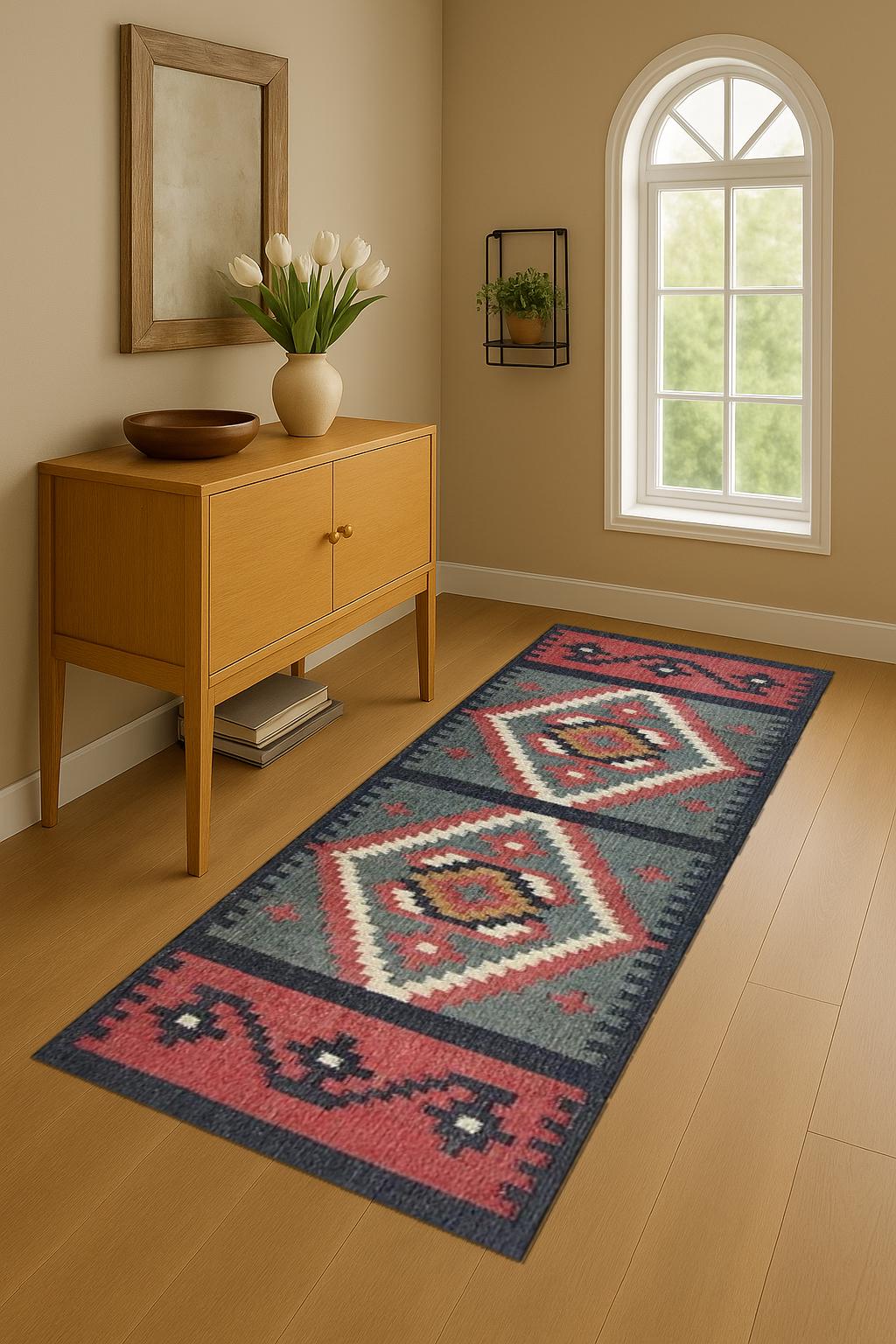 Traditional Hand Woven Indian Village Art Wool Jute Runner, Vintage Decor Kilim Wool Jute Rugs, Multicolor Turkish Anatolian Runner