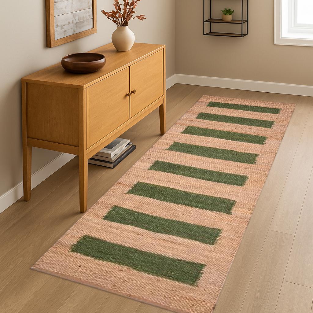 Indian Handloomed Beige with green Striped Hemp Jute Runner, Bohemian Hemp Runner, green Stripe Jute Multicolor Stripe Living Area Rug