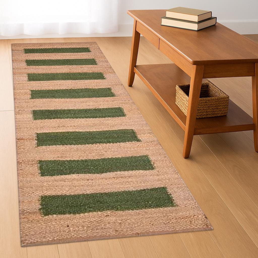 Indian Handloomed Beige with green Striped Hemp Jute Runner, Bohemian Hemp Runner, green Stripe Jute Multicolor Stripe Living Area Rug