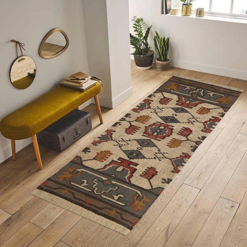 Jute wool runner, Handwoven Wool And Jute Runner, Bohemian Rug, Vintage Rug, Stair Multicolor Runner, Traditional Indian jute Area rug