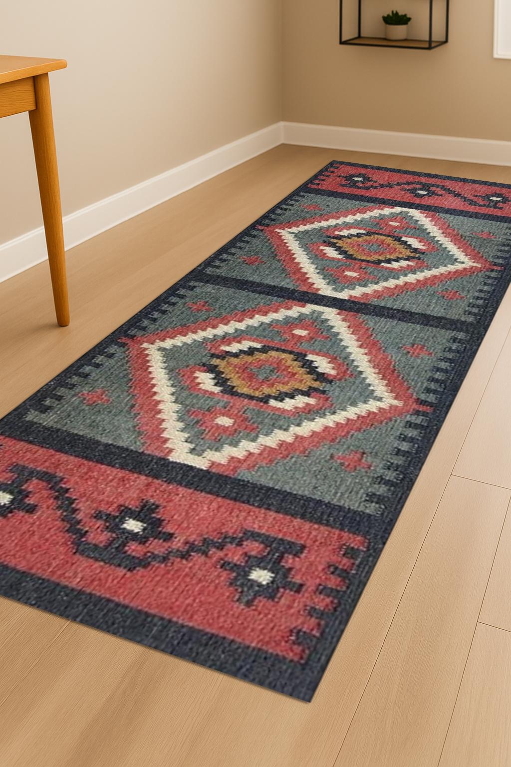 Traditional Hand Woven Indian Village Art Wool Jute Runner, Vintage Decor Kilim Wool Jute Rugs, Multicolor Turkish Anatolian Runner