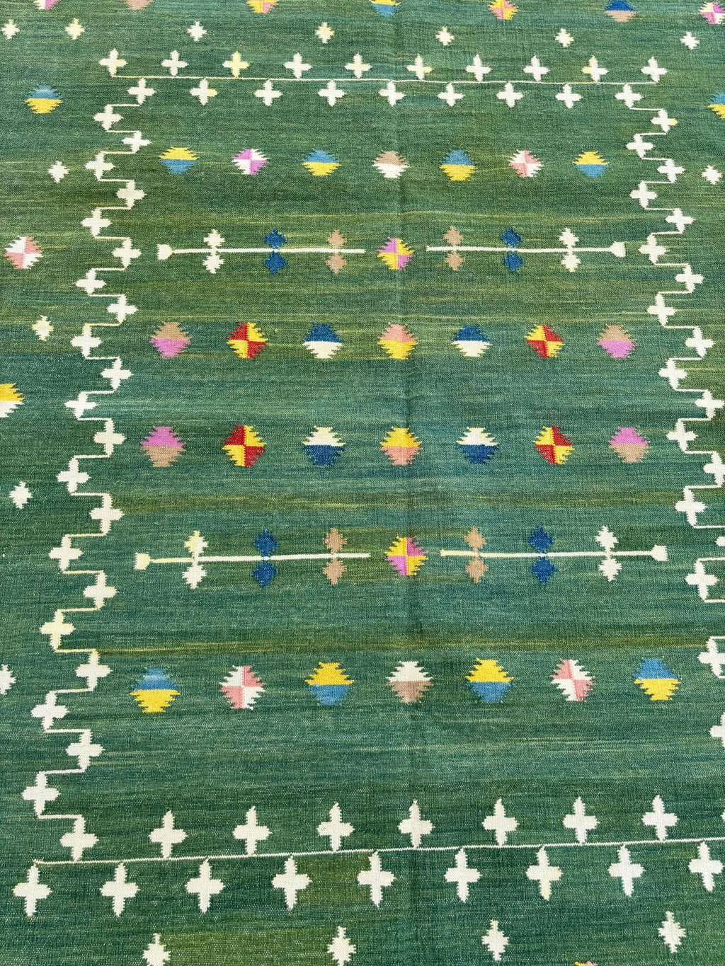 Handmade Cotton Area Flat Weave Rug, Natural Vegetable Dyed, Green And White, Area Rug For Living Room, Bedroom, Home Decor Rug