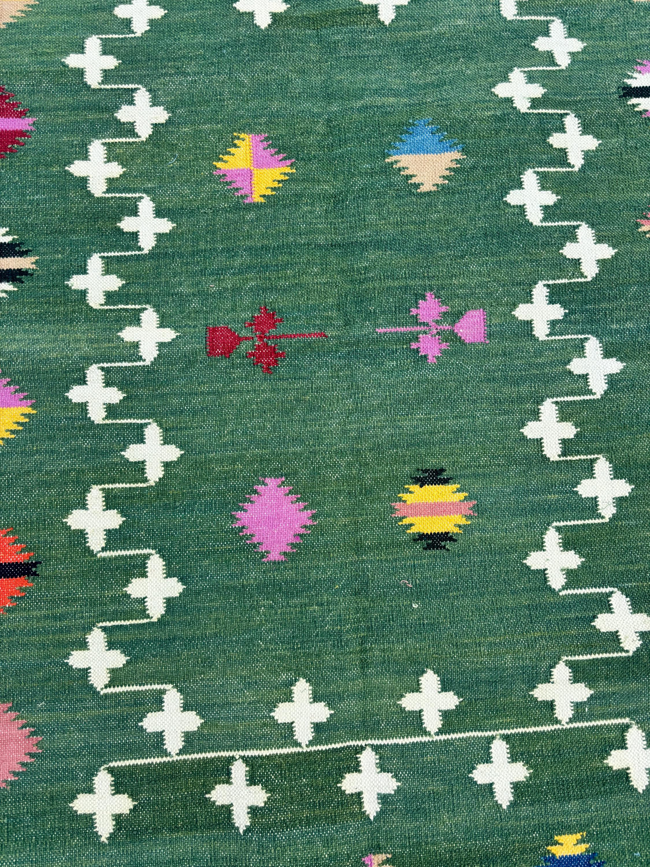 8x10 Ft. Green, Handmade Flat Weave Rug, Custom Size Area Dhurrie, Home & Living Room, Bedroom, Home Decor Rug, Wool Reversible Rug