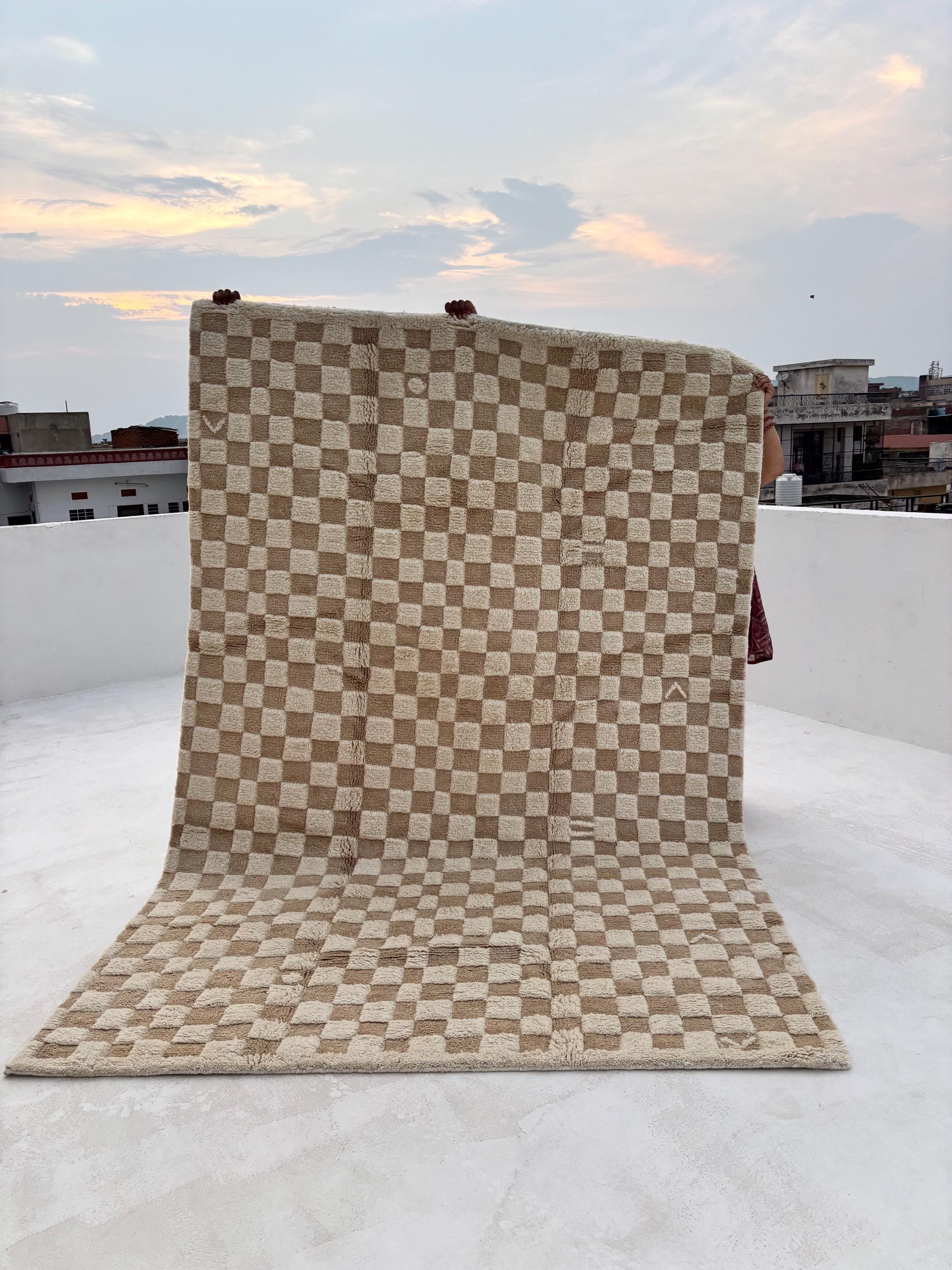Moroccan Beni Ourain Checkered Rug 6x9 Beige Brown Handmade Berber Wool Living Room Area Rug Tribal Berber Carpet