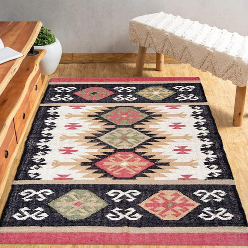 Authentic Kilim Rug - Wool & Jute Handloom Carpet, Vintage Style Geometric Dhurrie, Bohemian Home Decor
