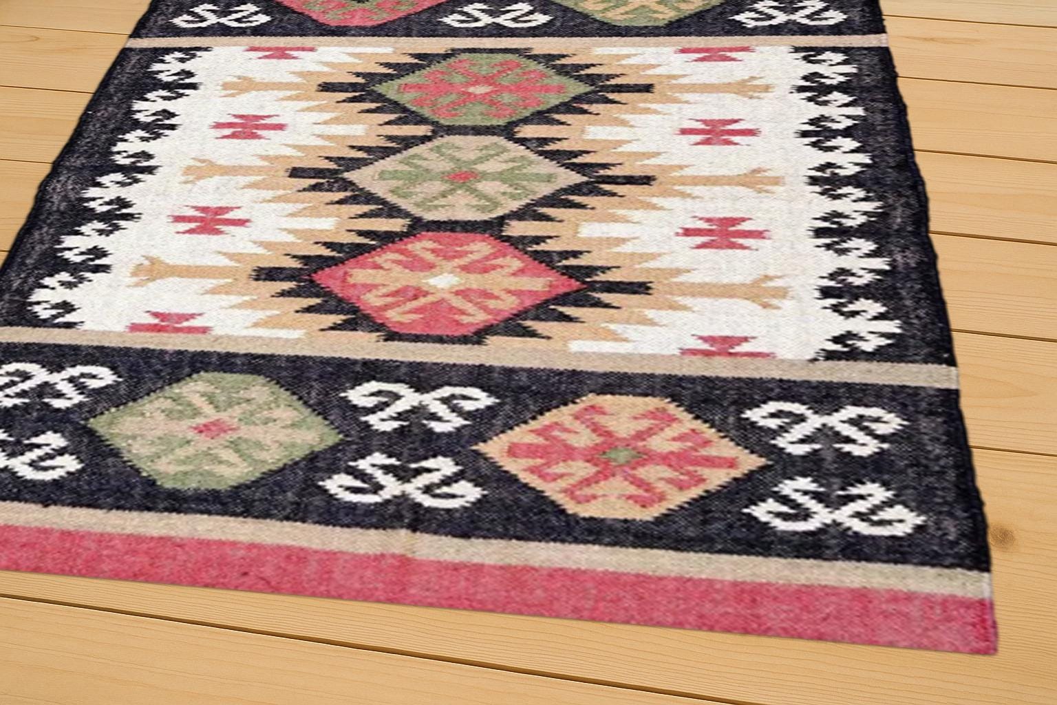 Authentic Kilim Rug - Wool & Jute Handloom Carpet, Vintage Style Geometric Dhurrie, Bohemian Home Decor
