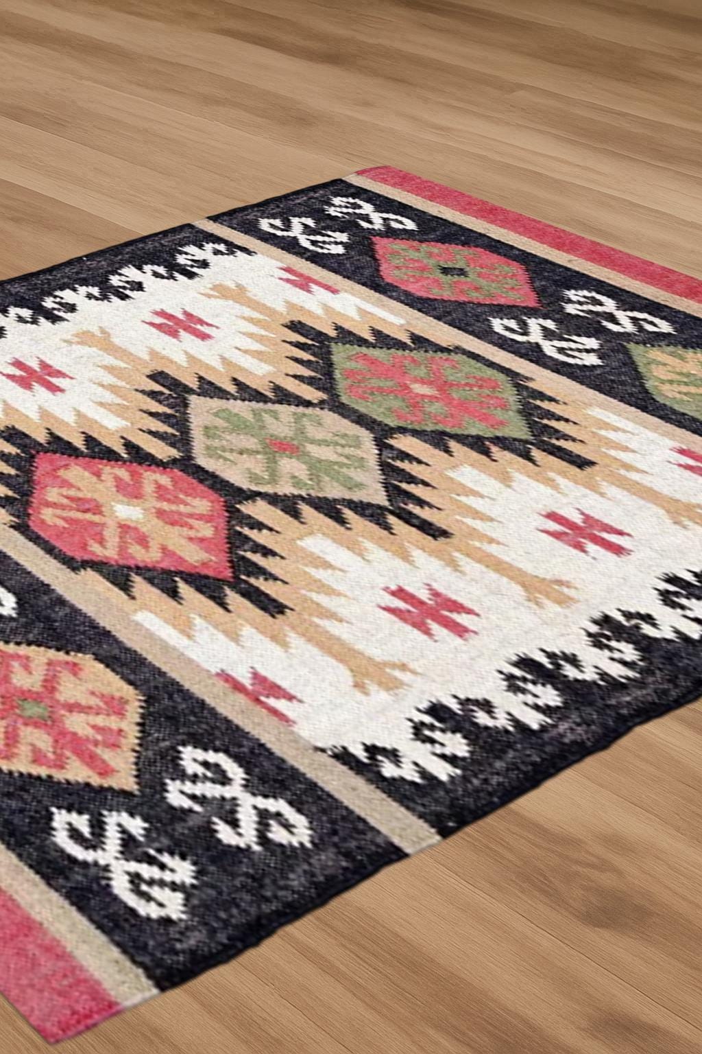 Authentic Kilim Rug - Wool & Jute Handloom Carpet, Vintage Style Geometric Dhurrie, Bohemian Home Decor