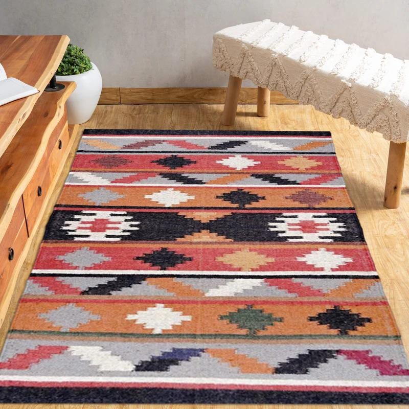 Handmade Wool Jute Kilim Rug, Bohemian Area Rug, Aztec Navajo Dhurrie, Vintage Home Decor, Custom Size Floor Carpet