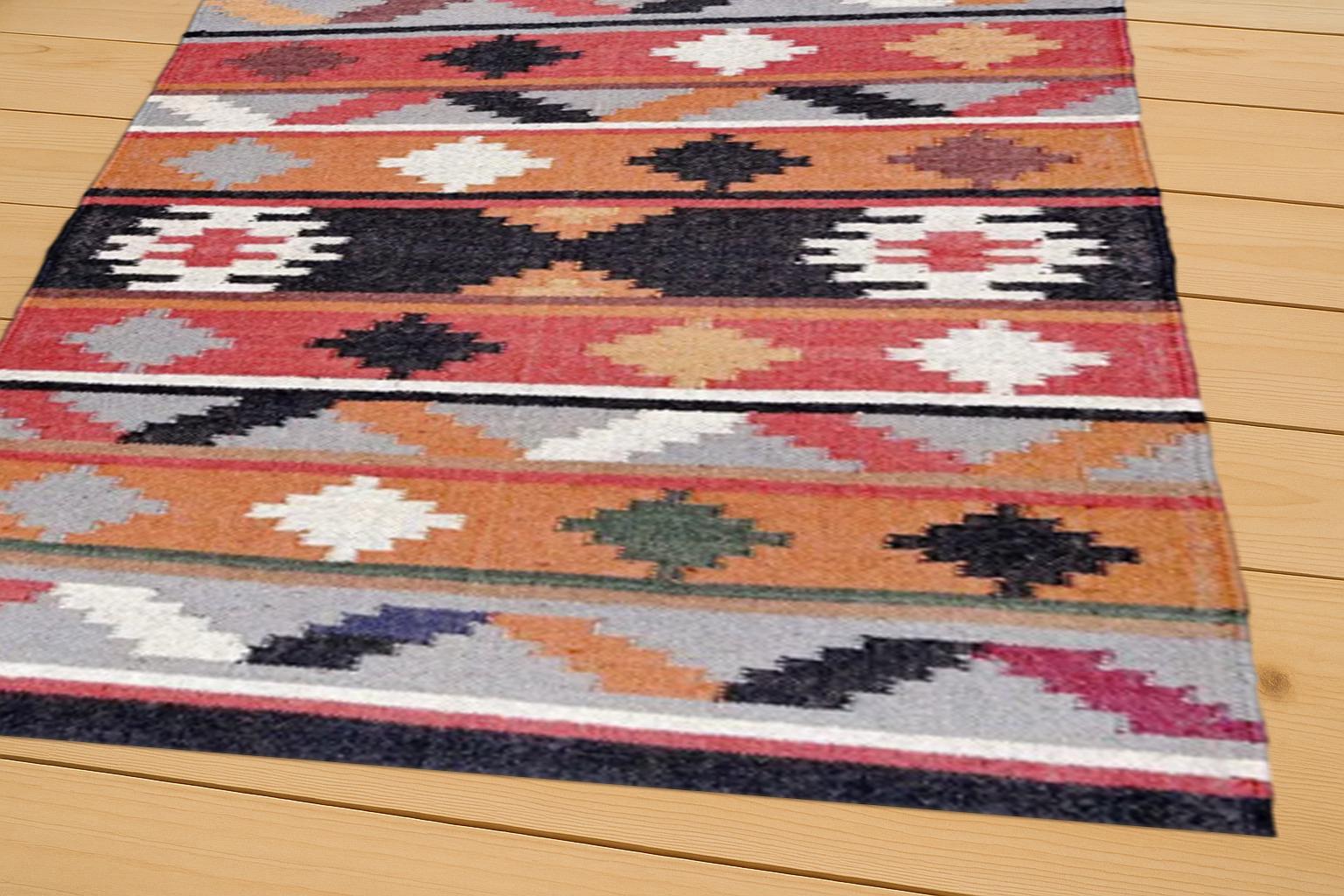 Handmade Wool Jute Kilim Rug, Bohemian Area Rug, Aztec Navajo Dhurrie, Vintage Home Decor, Custom Size Floor Carpet