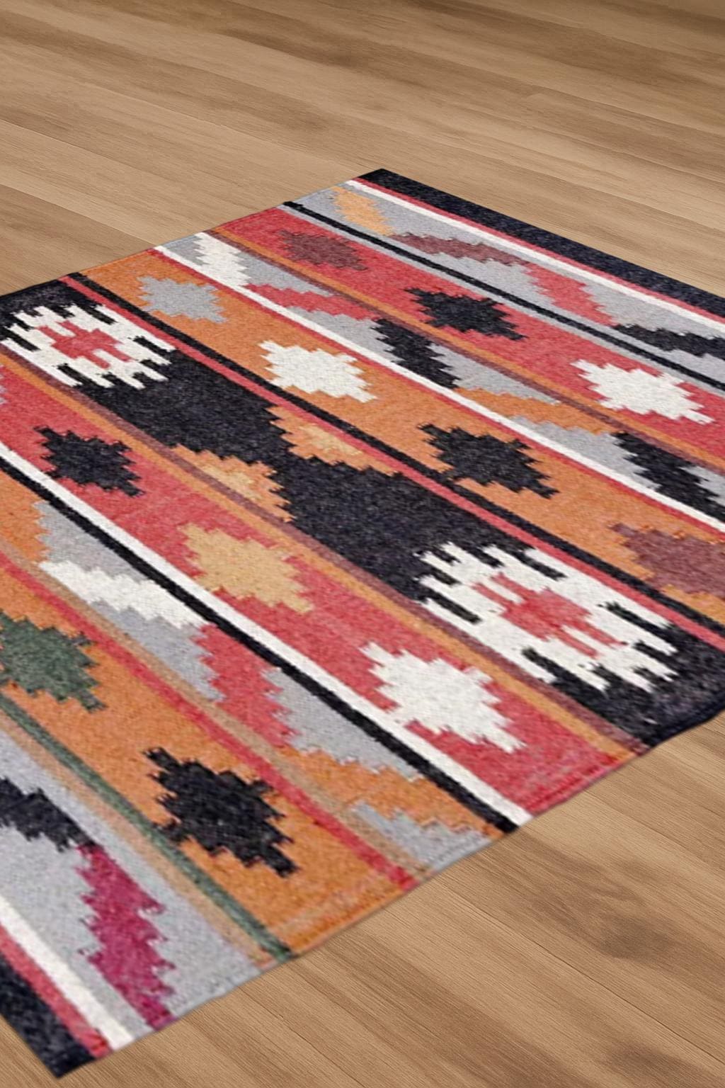 Handmade Wool Jute Kilim Rug, Bohemian Area Rug, Aztec Navajo Dhurrie, Vintage Home Decor, Custom Size Floor Carpet