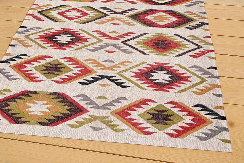 Navajo Style Turkish Kilim Rug, Handmade Wool Carpet with Geometric Design, Tribal Flatweave Rug for Living Room, Bedroom, Dining, Kitchen