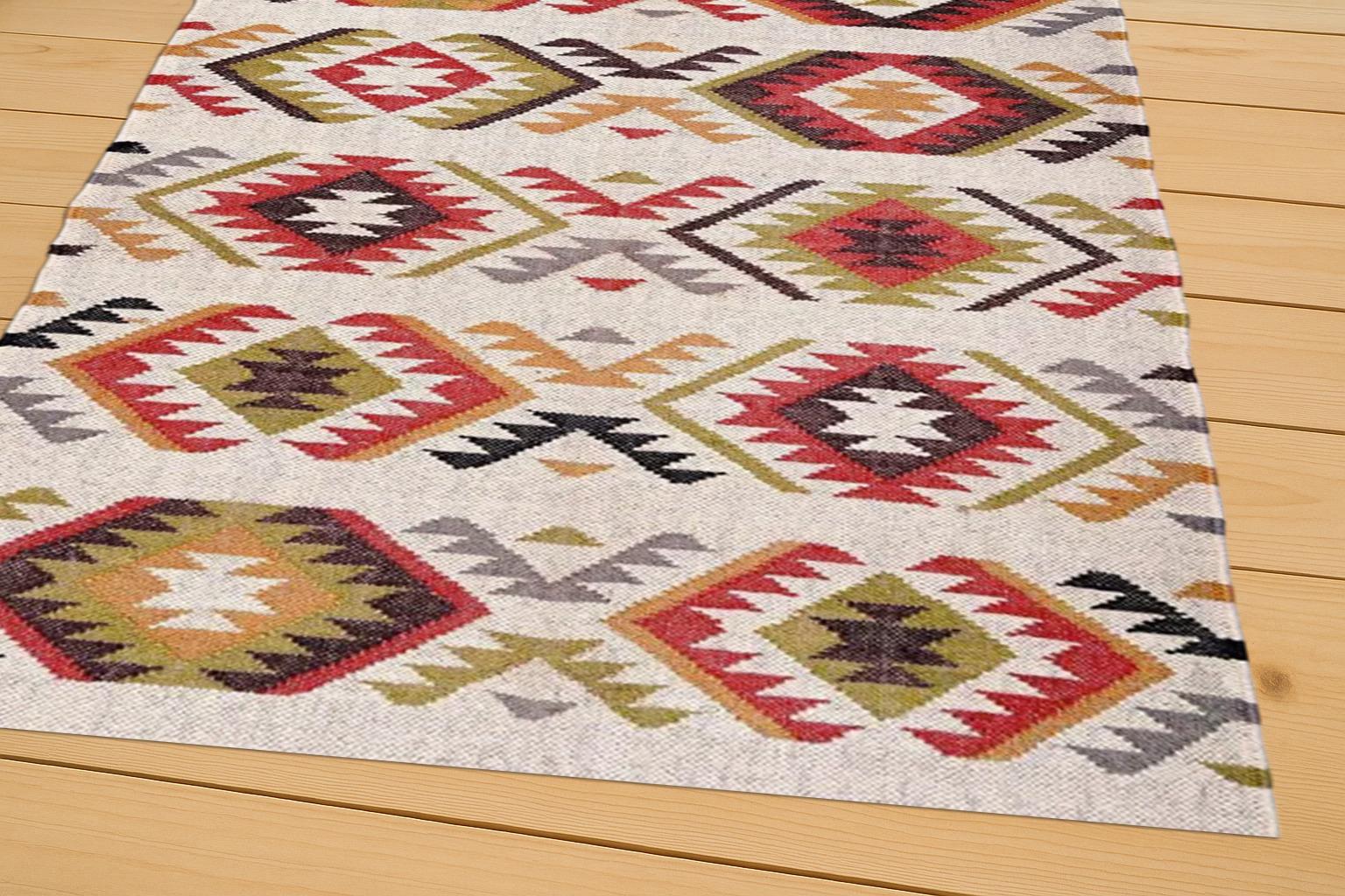 Navajo Style Turkish Kilim Rug, Handmade Wool Carpet with Geometric Design, Tribal Flatweave Rug for Living Room, Bedroom, Dining, Kitchen