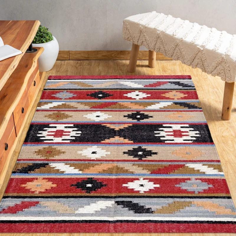 Handmade jute & wool rug living room-Vintage kilim rug 8x10-wool striped kilim rug, Floor Covering Carpet, Indian Jute Rug, Custom Size rug
