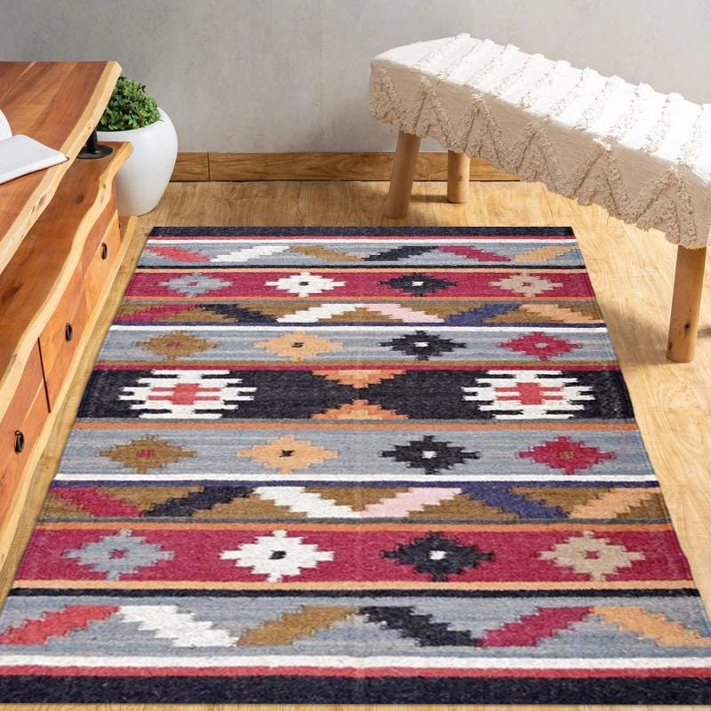 Handwoven Wool Jute Kilim Rug - Unique Eco-Friendly Dhurrie Carpet for Bohemian & Modern Home Decor