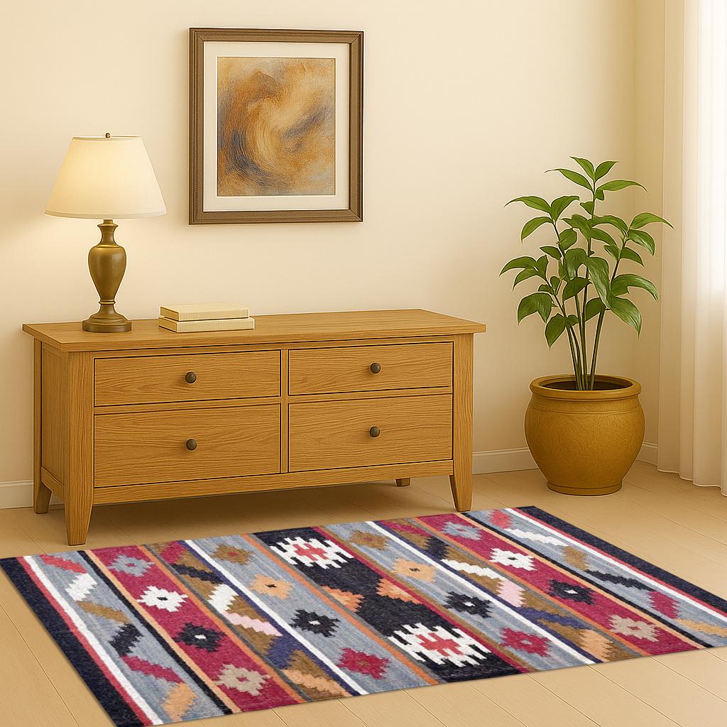 Handwoven Wool Jute Kilim Rug - Unique Eco-Friendly Dhurrie Carpet for Bohemian & Modern Home Decor