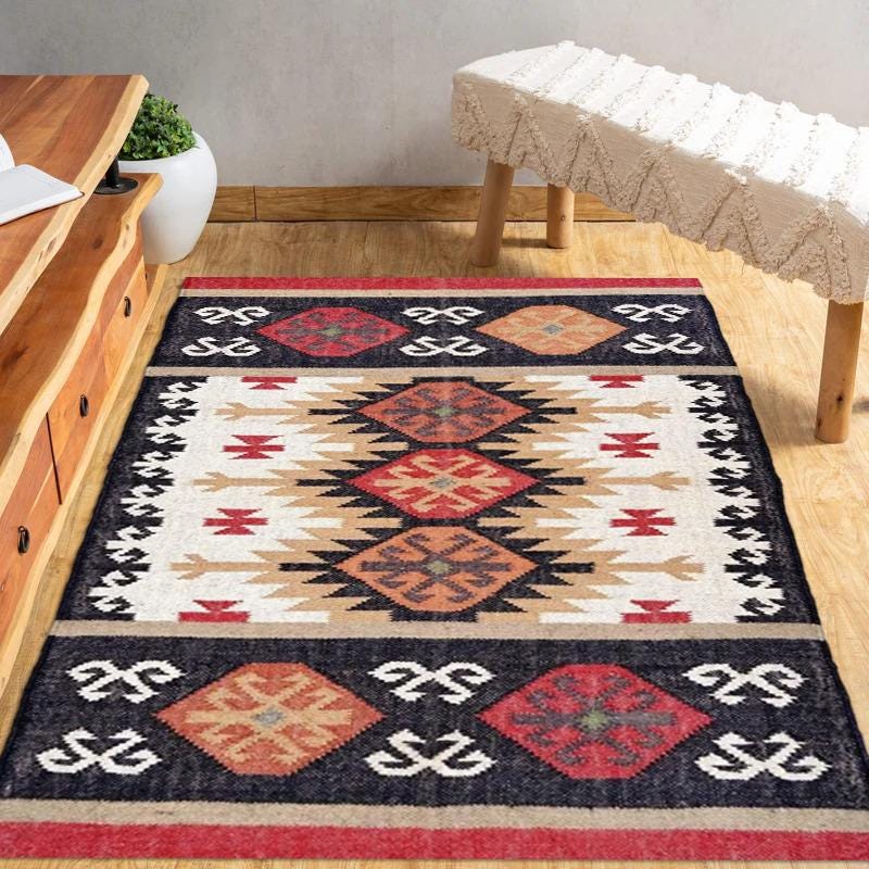 Handwoven Vintage Kilim Rug, Jute Wool Rug Large Area Rug, Turkish Area Rug, Outdoor Rug, Jute Area Rug, Indian Dhurrie 8x10, 9x12, 10x12 Ft