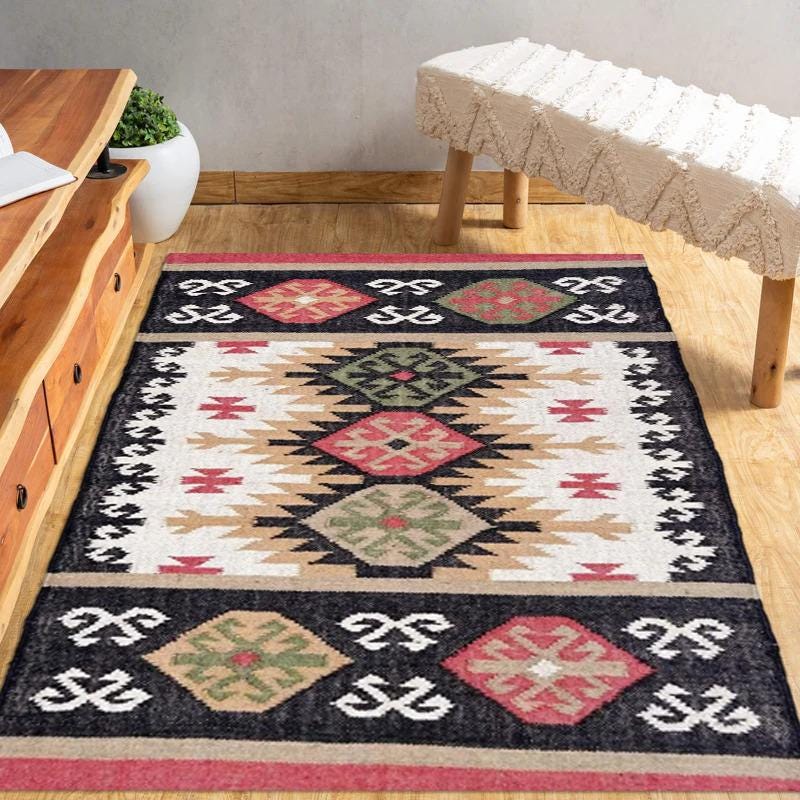 Casavani Handwoven Wool Jute Kilim Rug | Traditional Flatweave Area Rug | Bohemian Home Decor Dhurrie