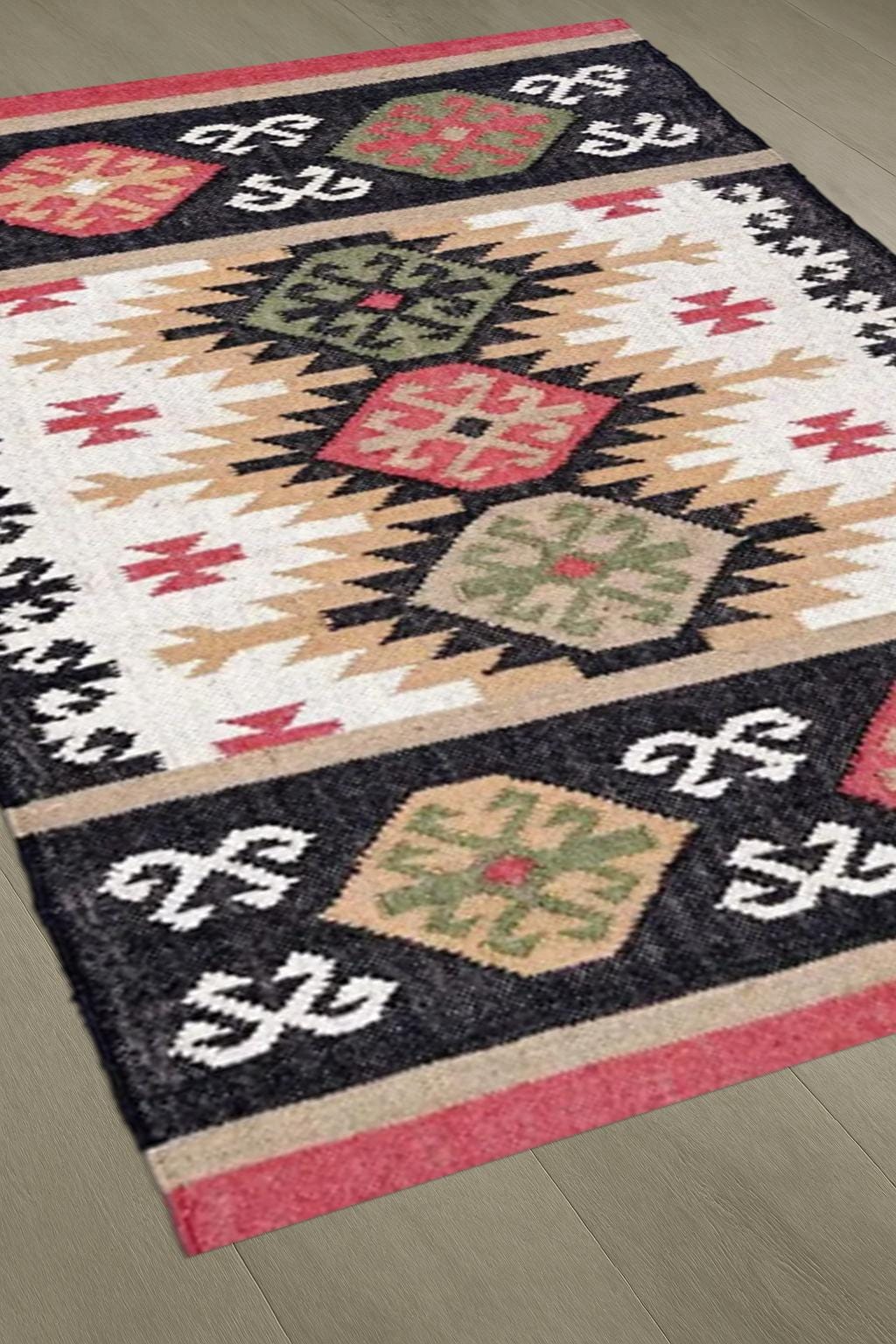 Casavani Handwoven Wool Jute Kilim Rug | Traditional Flatweave Area Rug | Bohemian Home Decor Dhurrie