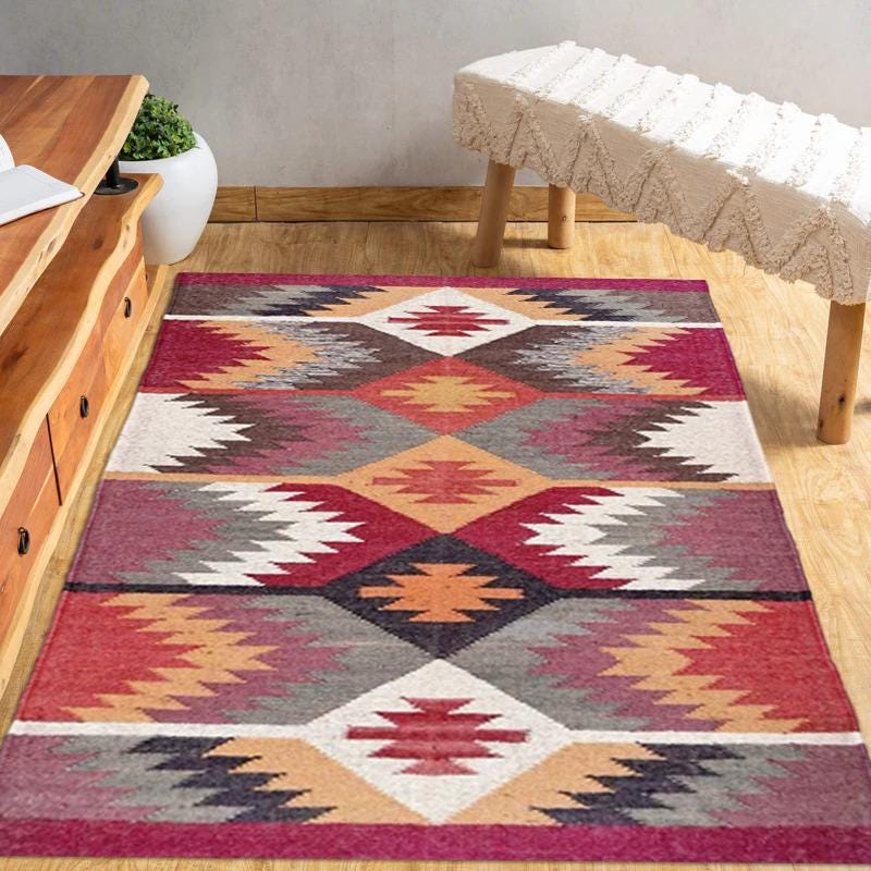 Kilim Rug, Multicolor Handwoven, Wool and Jute Rug Handmade, Kilim Dhurrie Rug, Motifs, Oriental, Aztec Accent Southwestern Rug 9x12,7x10 ft