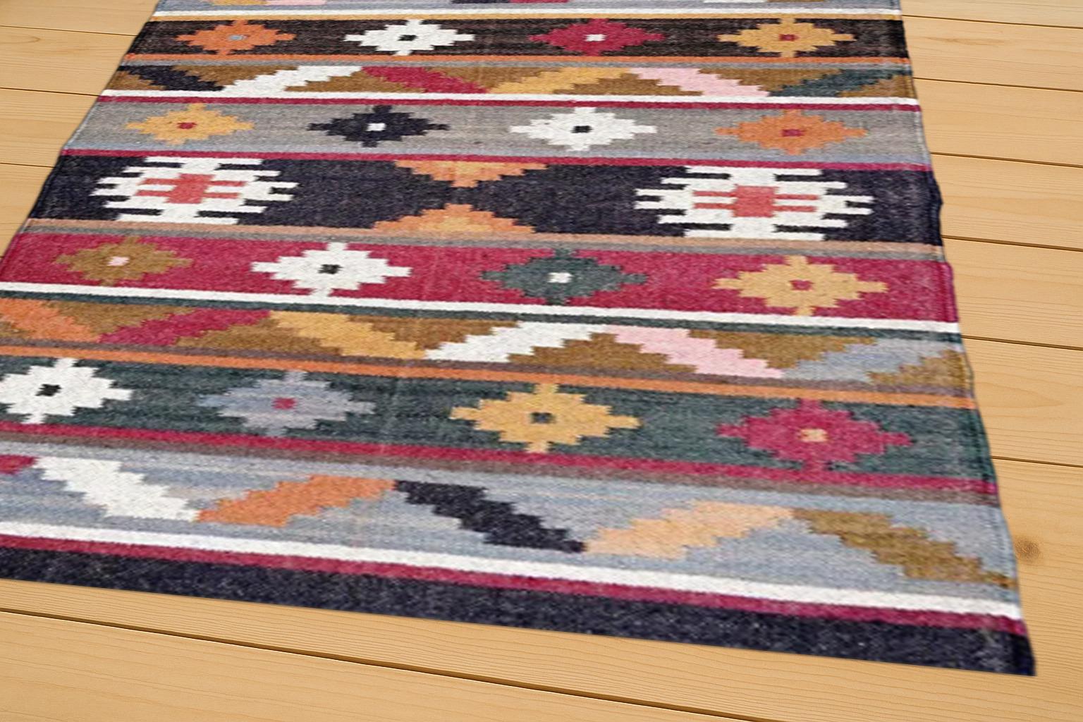 3X5 Ft Kilim Wool Jute Multicolor Area Living Room Bohemian Modern Home Décor, Oriental, Traditional Indian, Geometric, Turkish