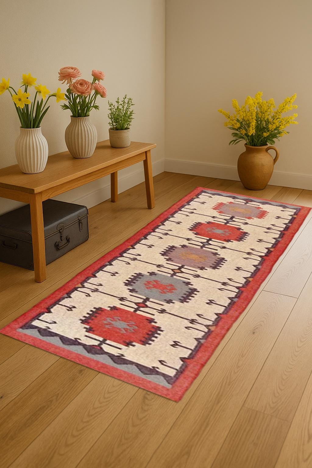 Rustic Wool Jute Runner – Handmade Natural Rug for Farmhouse & Boho Homes - Neutral Home Decor