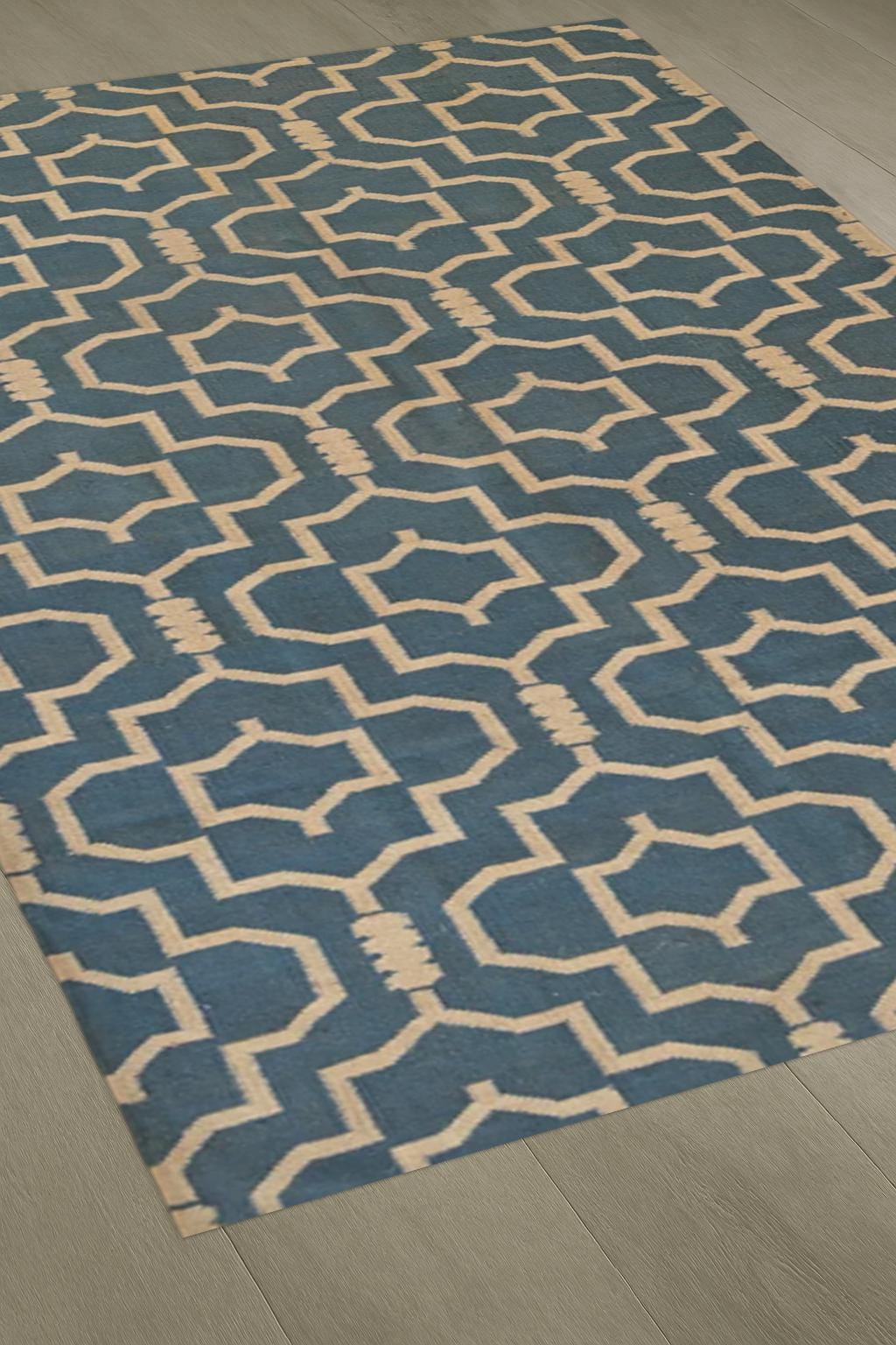 Blue Moroccan Style Wool Rug – Handwoven Geometric Lattice Carpet | Modern Boho Area Rug for Living Room, Bedroom & Entryway Decor
