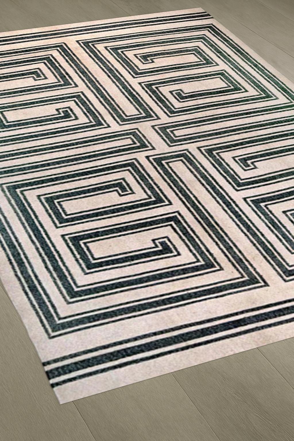 Modern Greek Key Rug – Black & Cream Geometric Maze Pattern | Handwoven Wool Flatweave | Contemporary Area Rug for Living Room and Hallway
