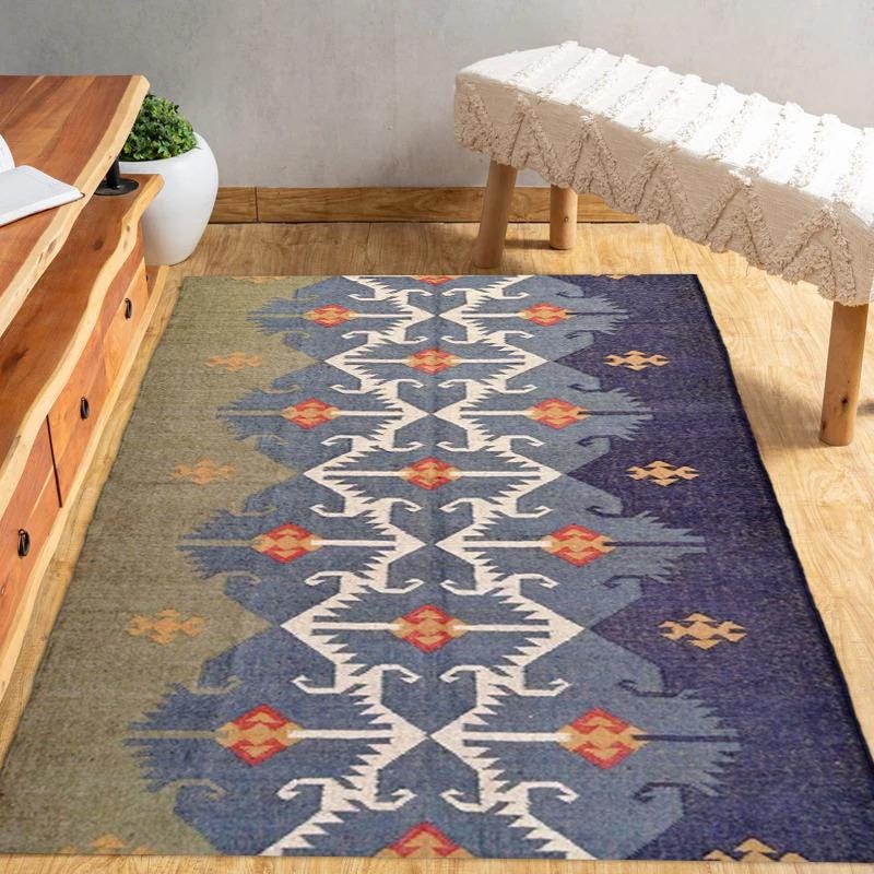 8x10, 9x12, 10x14, 7x7 Indian Traditional Handmade Wool and Jute kilim Rugs, Navajo Ethnic Rugs Aztec Rugs,, Outdoor/Indoor Rug, Bedroom Rug