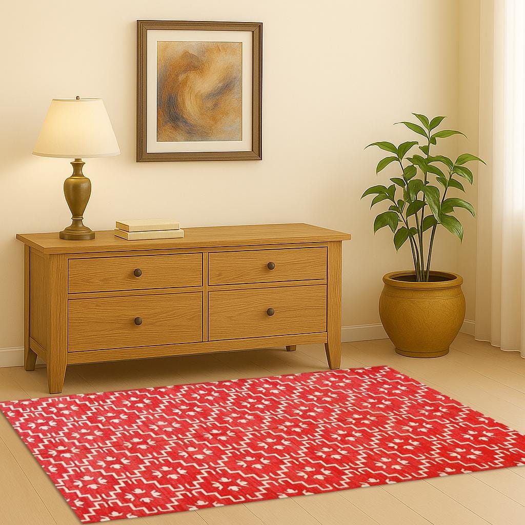 Red & White Geometric Kilim Rug | Handwoven Cotton Flatweave Dhurrie | Bohemian Area Rug for Living Room, Bedroom | Custom Size Available