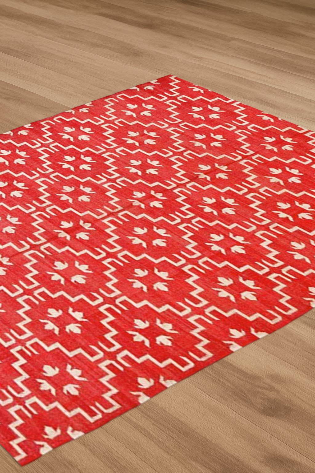 Red & White Geometric Kilim Rug | Handwoven Cotton Flatweave Dhurrie | Bohemian Area Rug for Living Room, Bedroom | Custom Size Available