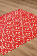Red & White Geometric Kilim Rug | Handwoven Cotton Flatweave Dhurrie | Bohemian Area Rug for Living Room, Bedroom | Custom Size Available