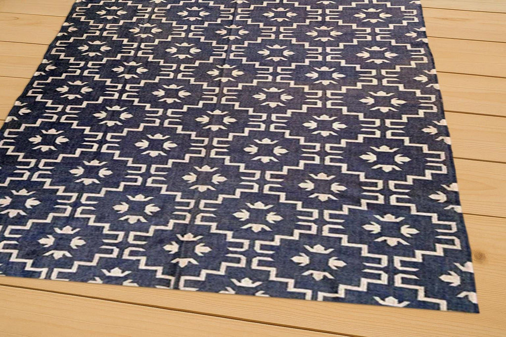 Blue & White Kilim Rug, Handloom Cotton Flatweave Area Rug, Geometric Pattern Dhurrie, Modern Farmhouse Decor, Bedroom Living Room Accent