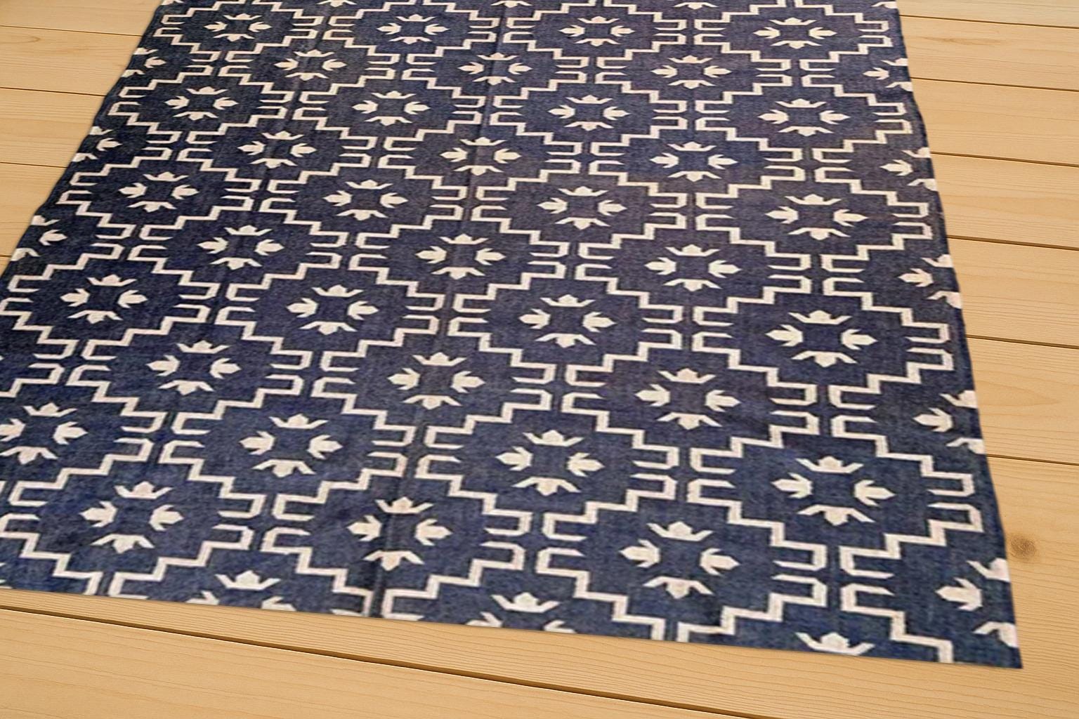 Blue & White Kilim Rug, Handloom Cotton Flatweave Area Rug, Geometric Pattern Dhurrie, Modern Farmhouse Decor, Bedroom Living Room Accent