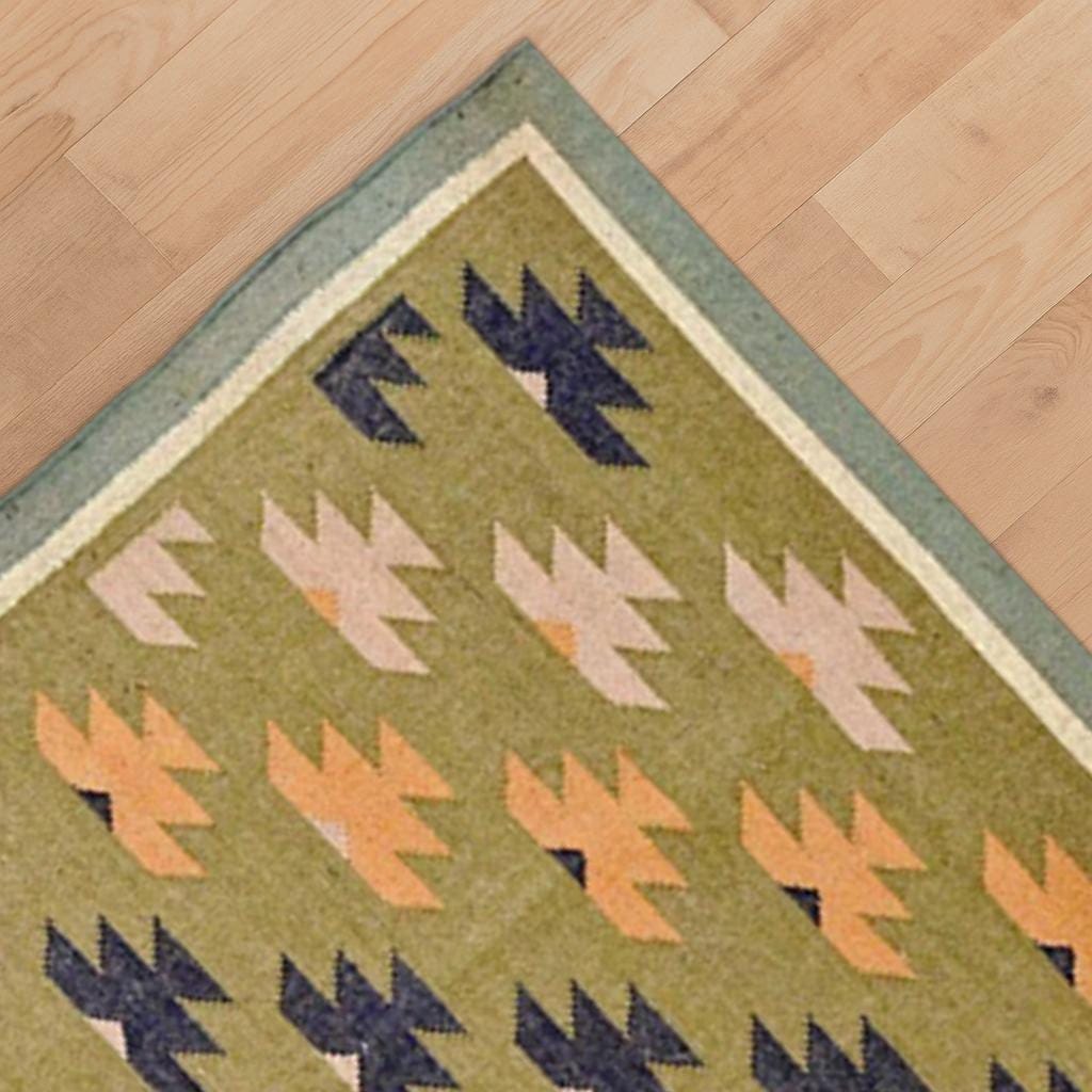 Green Kilim Runner Rug – Handwoven Tribal Flatweave Carpet | Boho Wool Rug with Geometric Motifs for Entryway, Hallway & Living Room
