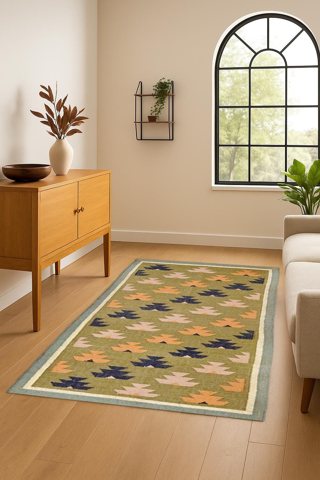 Green Kilim Runner Rug – Handwoven Tribal Flatweave Carpet | Boho Wool Rug with Geometric Motifs for Entryway, Hallway & Living Room