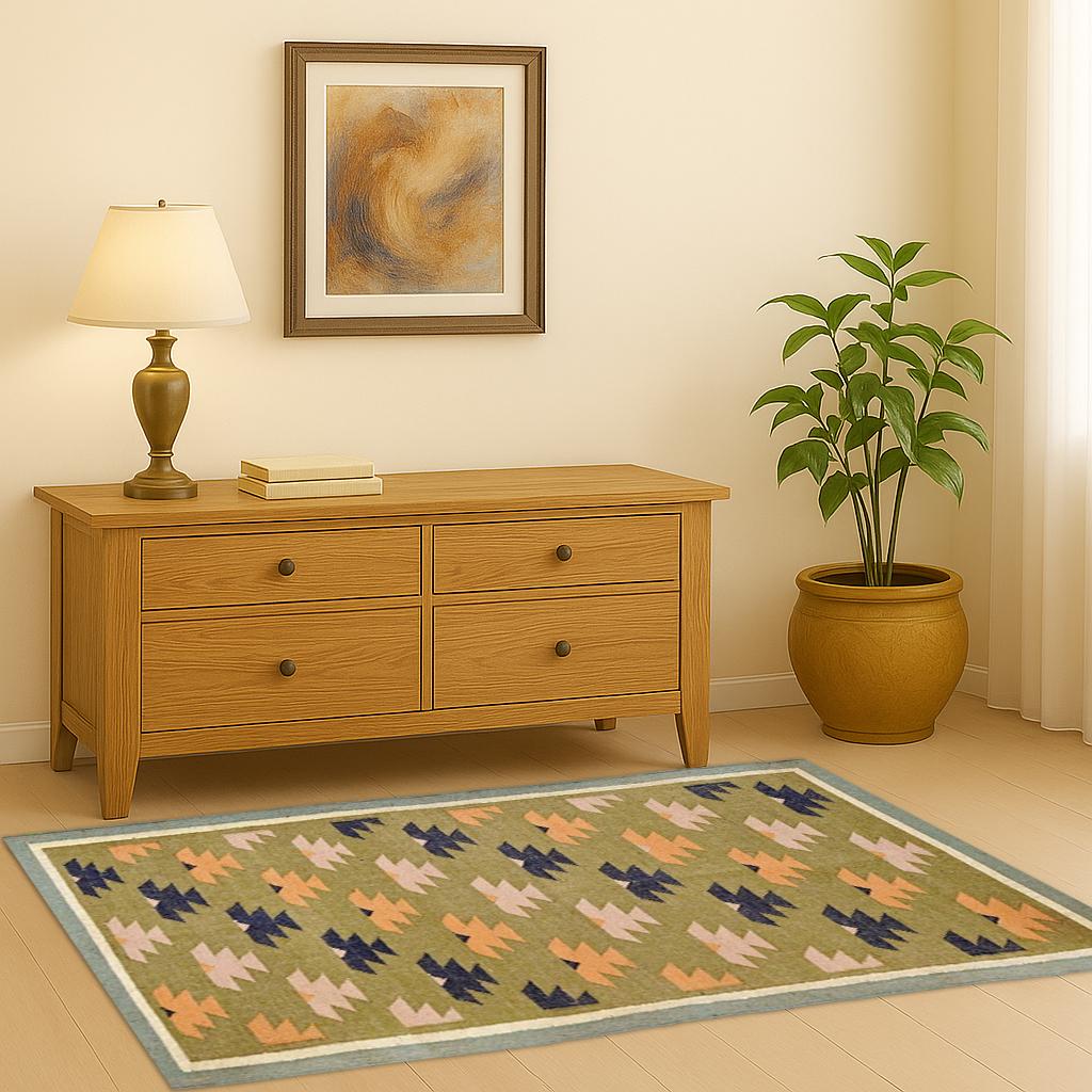 Green Kilim Runner Rug – Handwoven Tribal Flatweave Carpet | Boho Wool Rug with Geometric Motifs for Entryway, Hallway & Living Room
