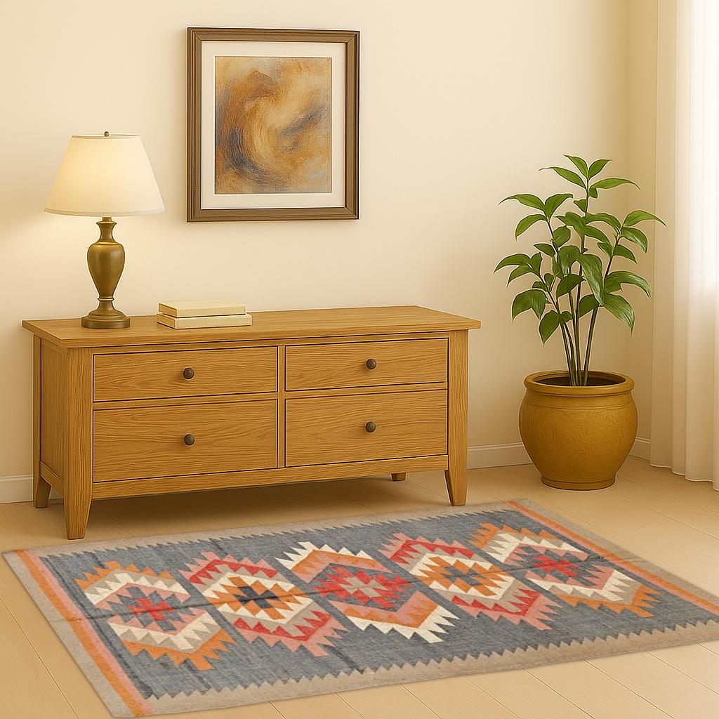 Vintage Kilim Rug – Handwoven Wool Tribal Carpet | Blue Gray Base with Red, Orange Geometric Motifs | Boho Area Rug for Living Room Decor