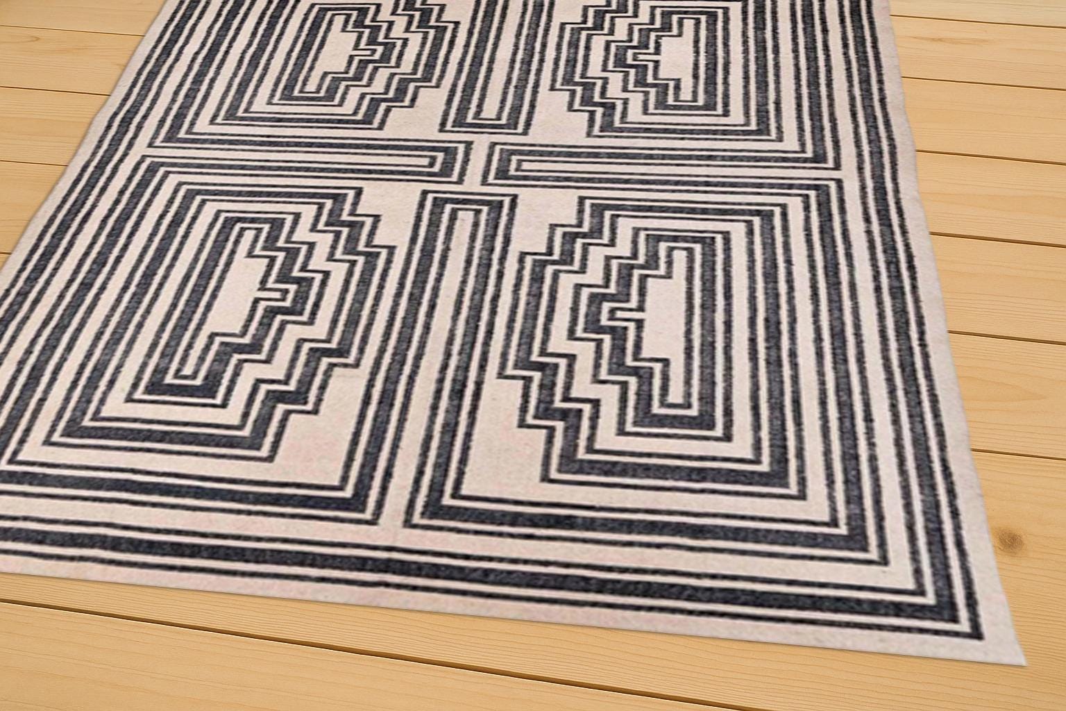 White Navy Modern Geometric Design Hand Woven High Quality Wool Flatweave Rug, Customize in any size, Wool Jute Rug Handmade Dhurrie Rug